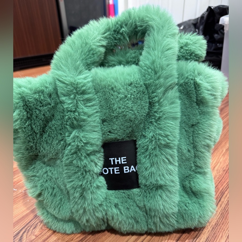 Green Faux Fur Tote Bag with Patch